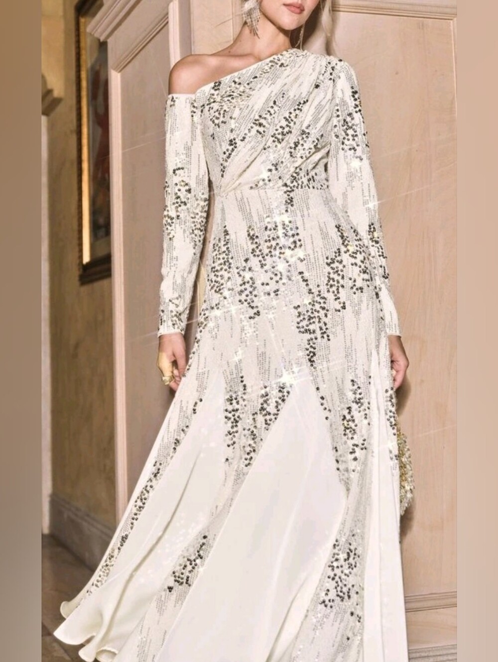 New Luxe Sequin Off Shoulder Maxi Dress Long Sleeve Cream Off White Silver